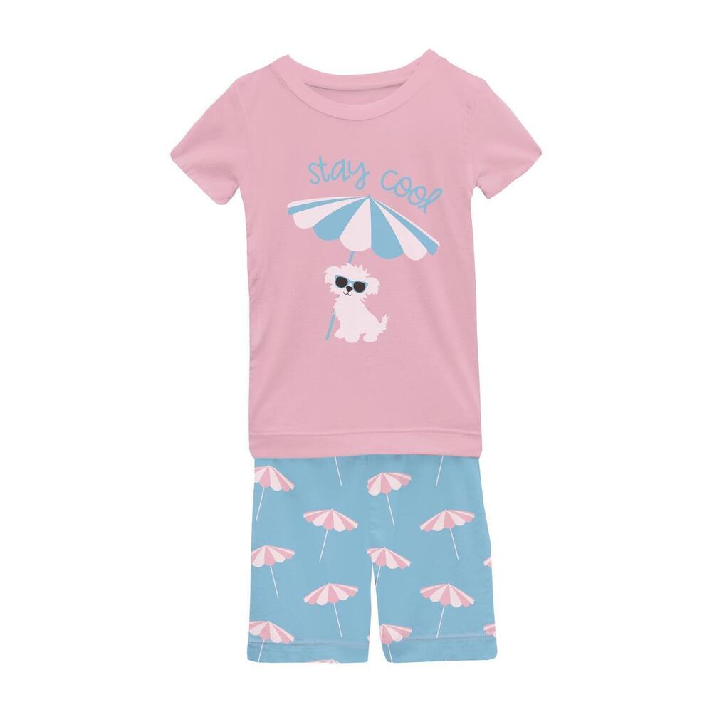 NEW KICKEE kids' short sleeve graphic tee pajama set with shorts in seaside blue
